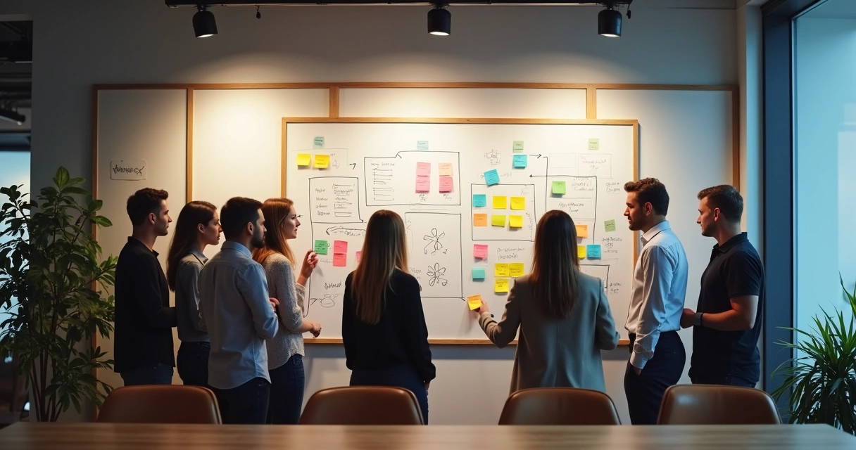 Team in office meeting setting boundaries on whiteboard