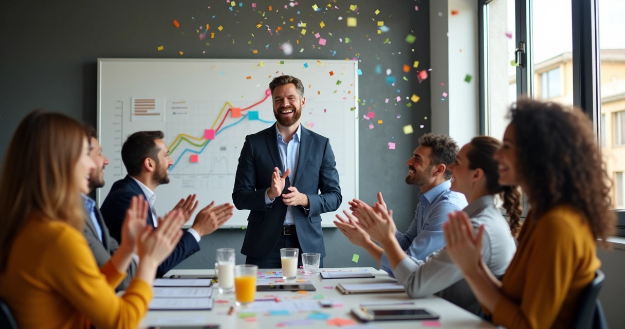 Leader celebrating with team after achieving milestone 
