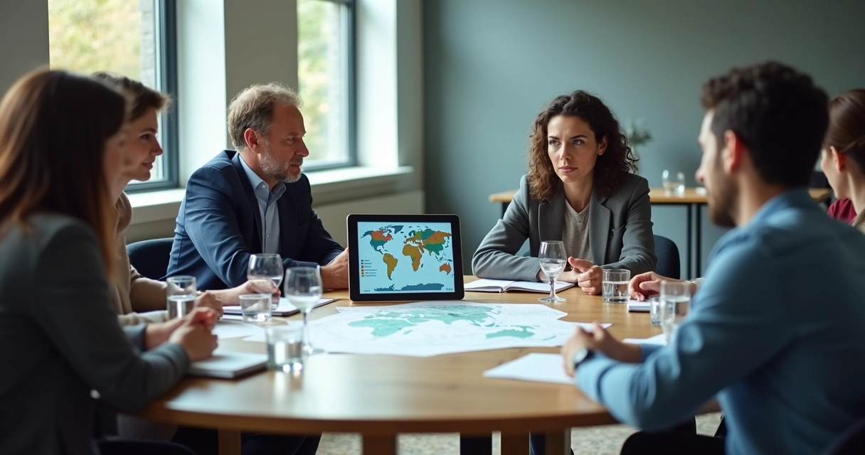 Roundtable meeting with maps and notes 
