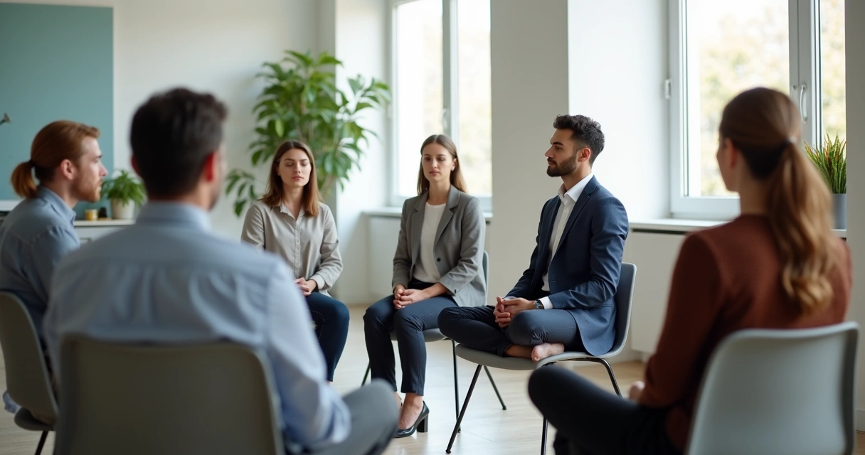 People sitting in a mindfulness circle session in a bright office 