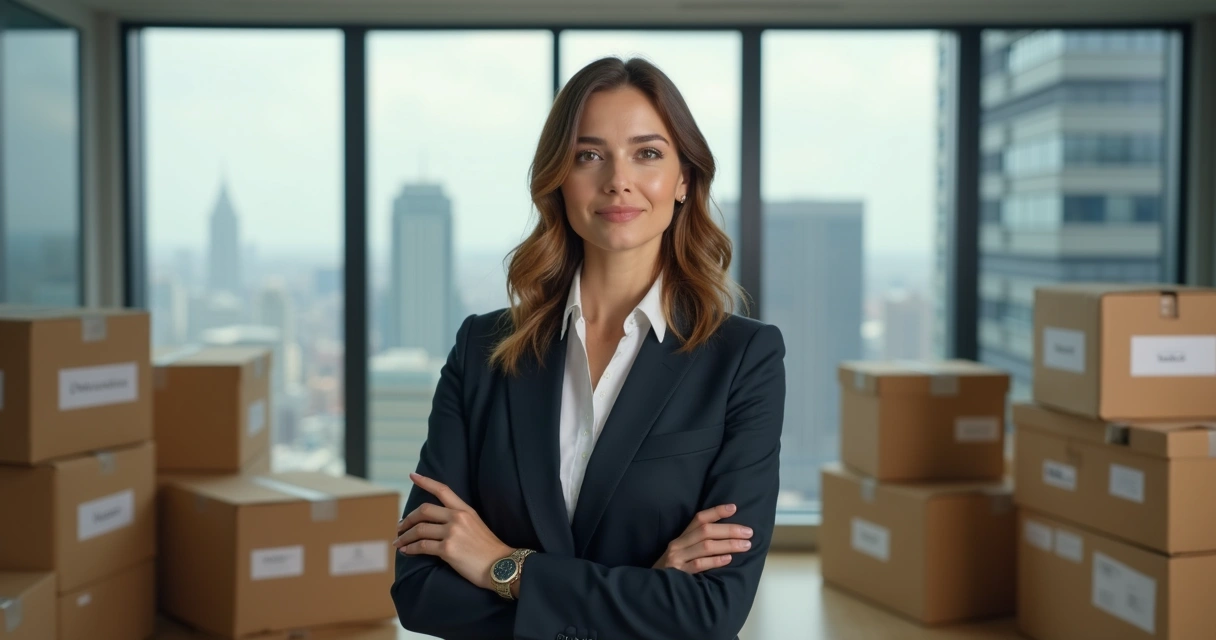 Woman in business attire with moving boxes in international office 