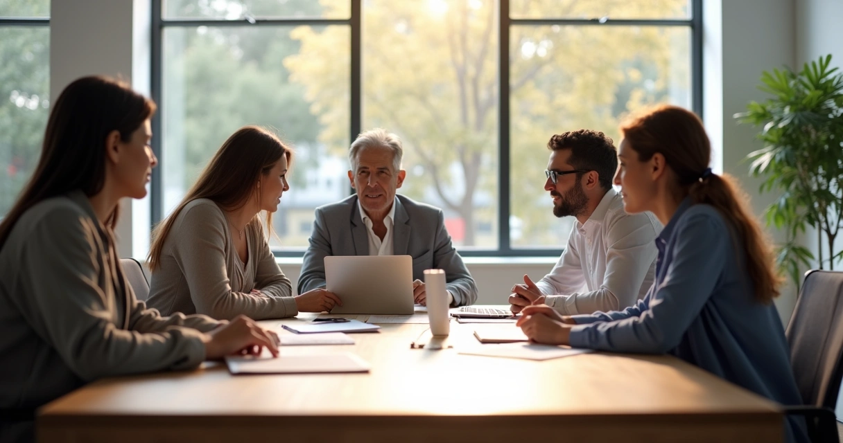 Team meeting with diverse people around a table, one person listening intently to another