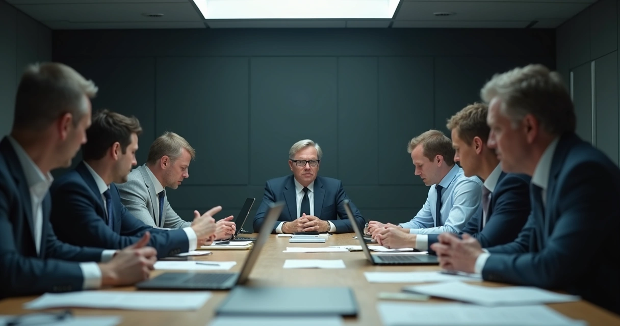 Leader and team members in a tense, silent meeting, avoiding eye contact 