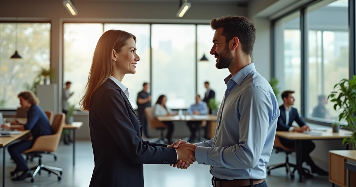 Manager shaking hands with employee, both standing in office