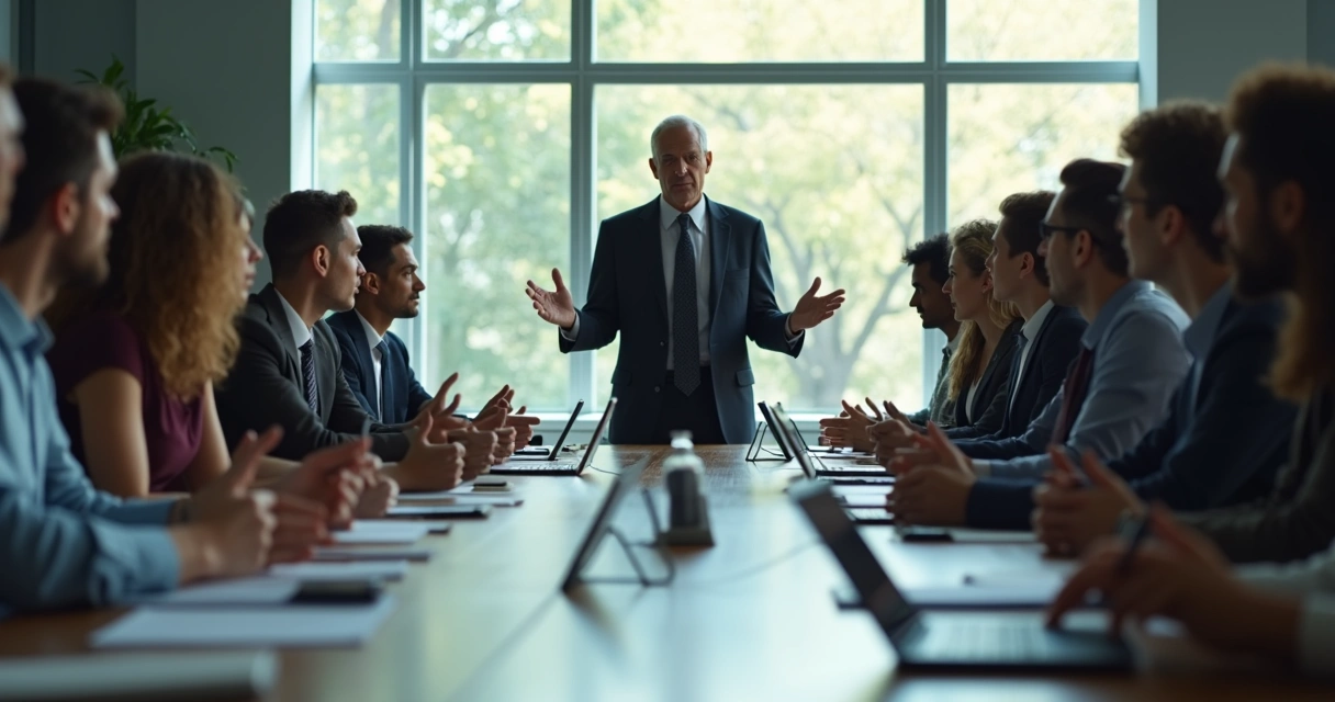 Leader speaking calmly to a diverse group during a crisis meeting