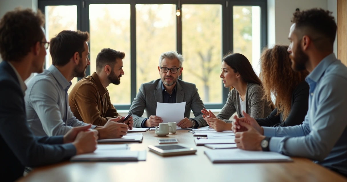 Leader reviewing notes at desk with several colleagues listening 