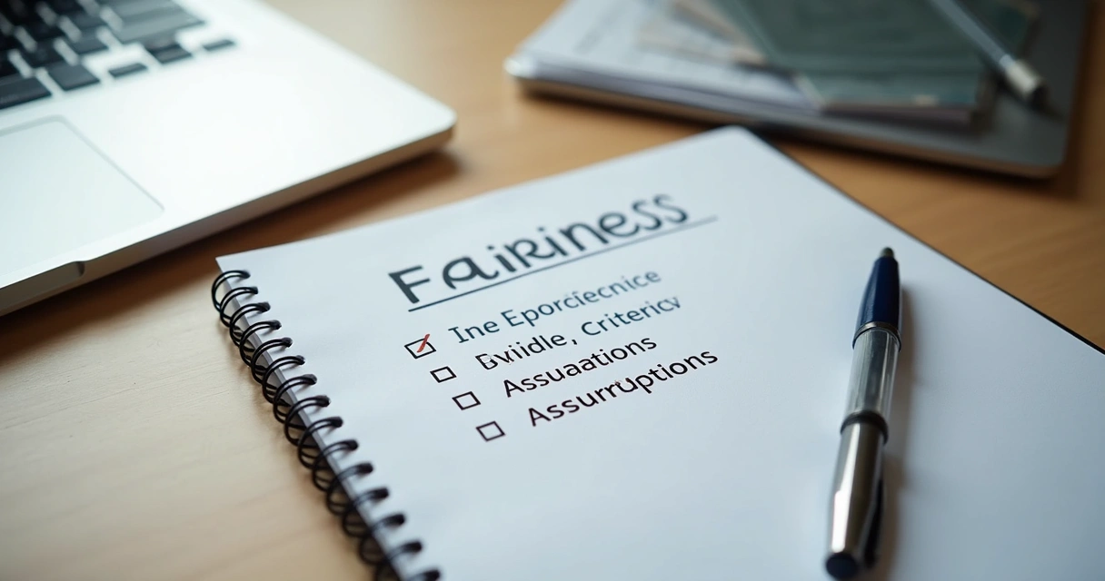Notebook with fair decision checklist beside a laptop