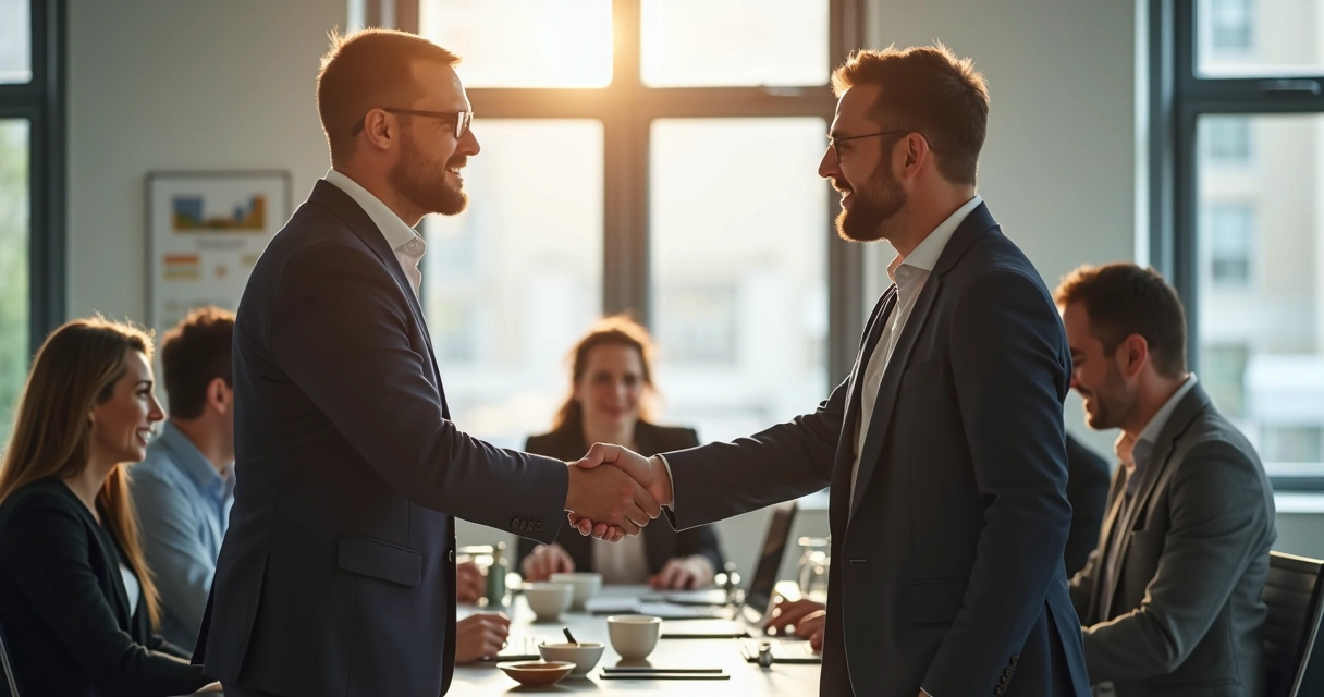 Team leader shaking hands with team member after resolving a disagreement