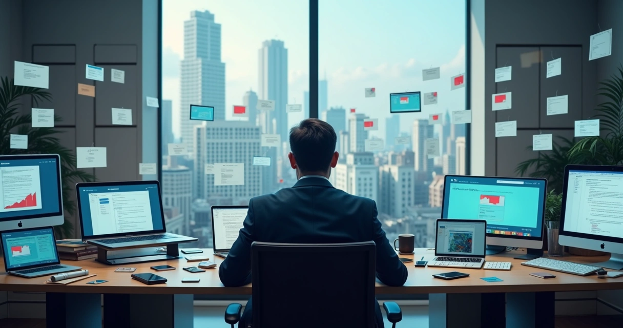 Business leader surrounded by digital devices and notifications