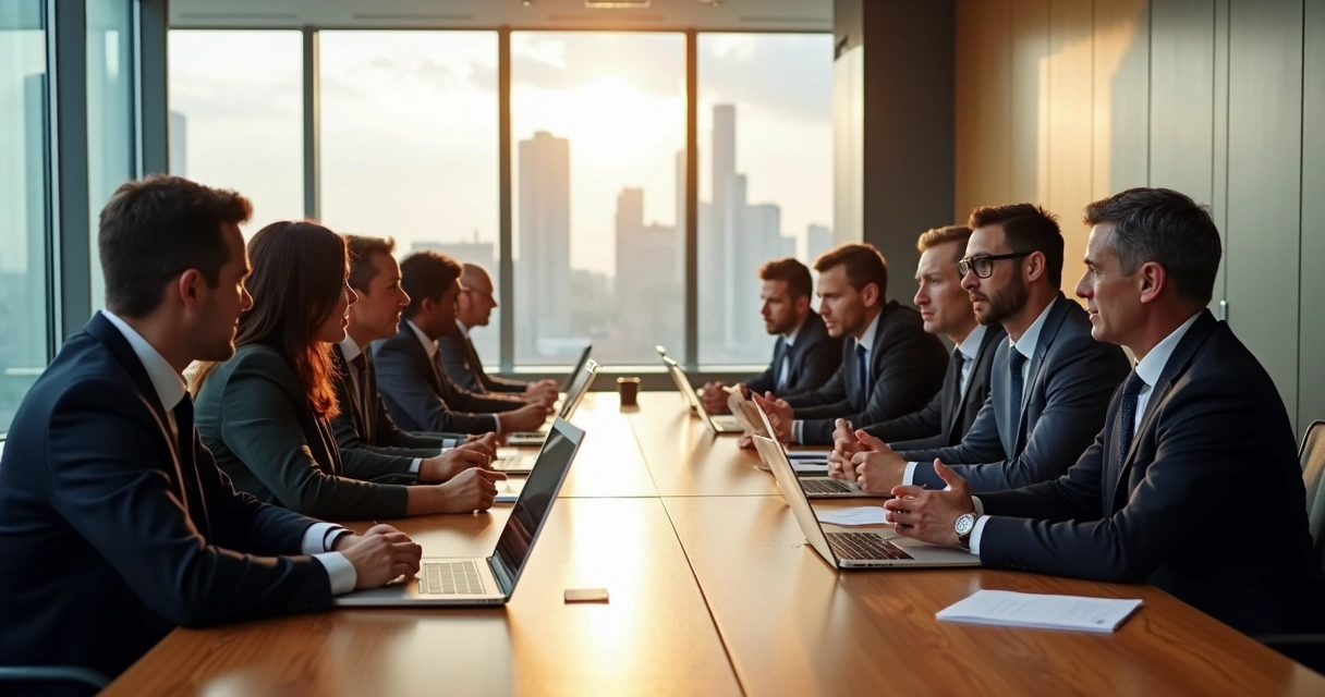 Executives in a boardroom engaged in a serious discussion 