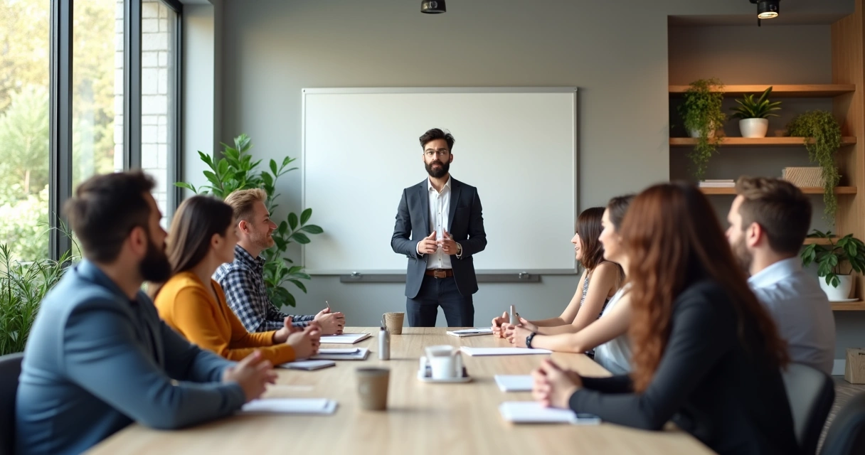 Group of diverse people in a modern office having a discussion with a leader dressed in business casual standing beside a whiteboard, sunlight coming through large windows. 
