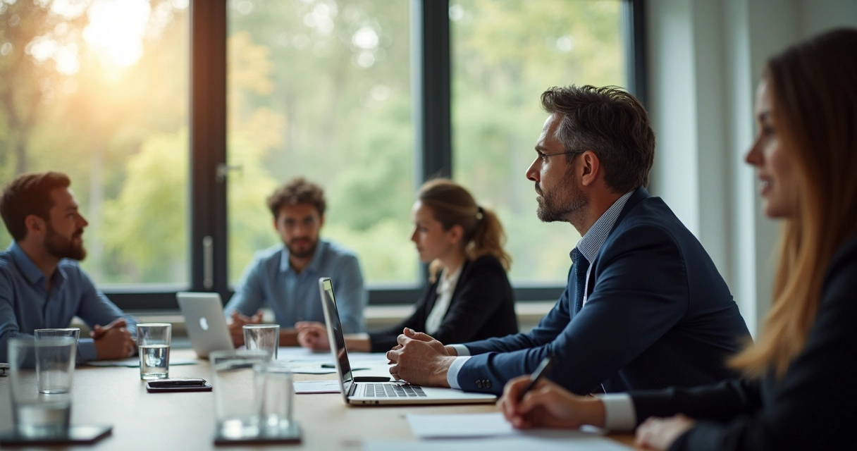 Leader pausing thoughtfully at a meeting table with team looking on 