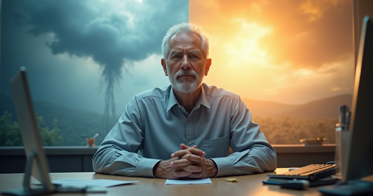 Leader in office balancing emotion and reason with a calm expression