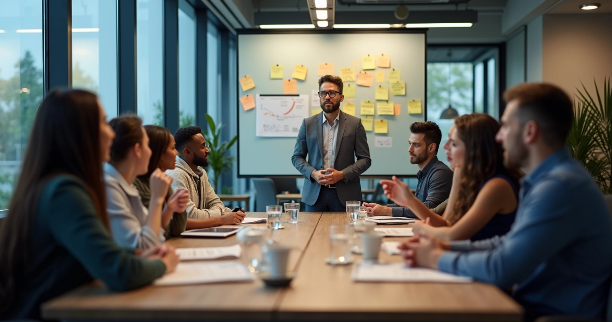 Manager demonstrating emotional intelligence leading a meeting 