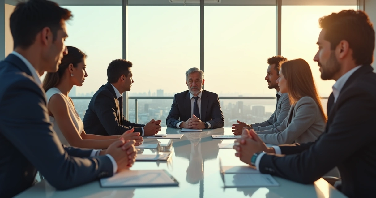Leader at the head of a table listening intently to team 