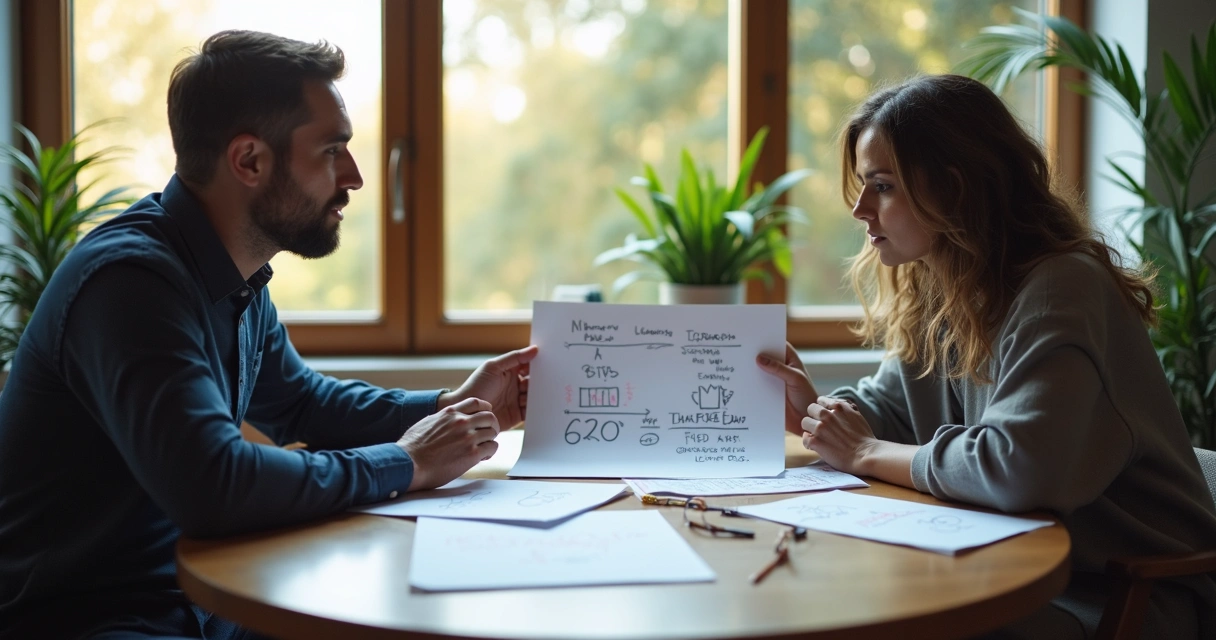 Two colleagues discuss leadership patterns at a desk with notes 