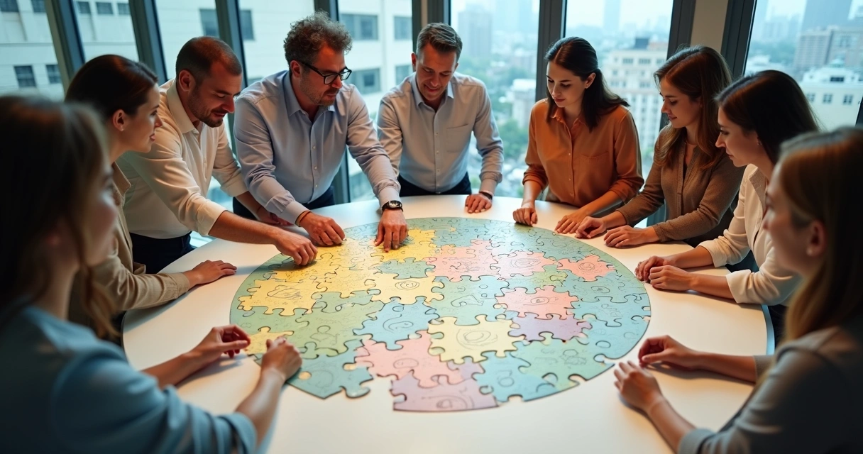 Group arranging colored puzzle pieces around a calm leader 