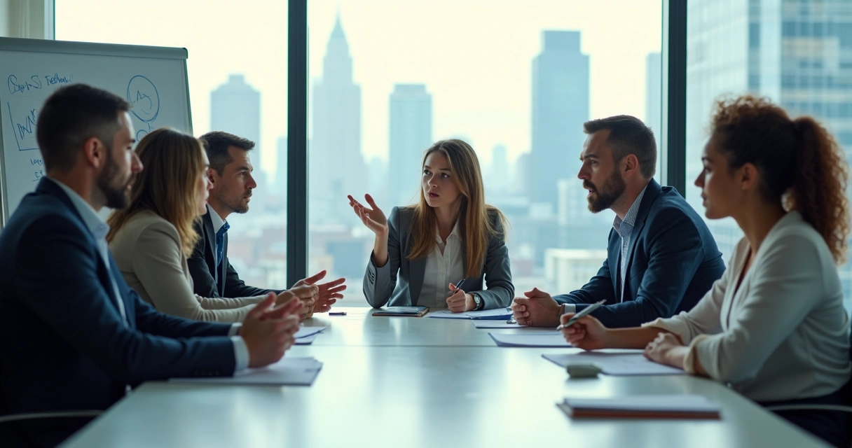 Leadership team discussing around a table, some members visibly tense while others listen thoughtfully