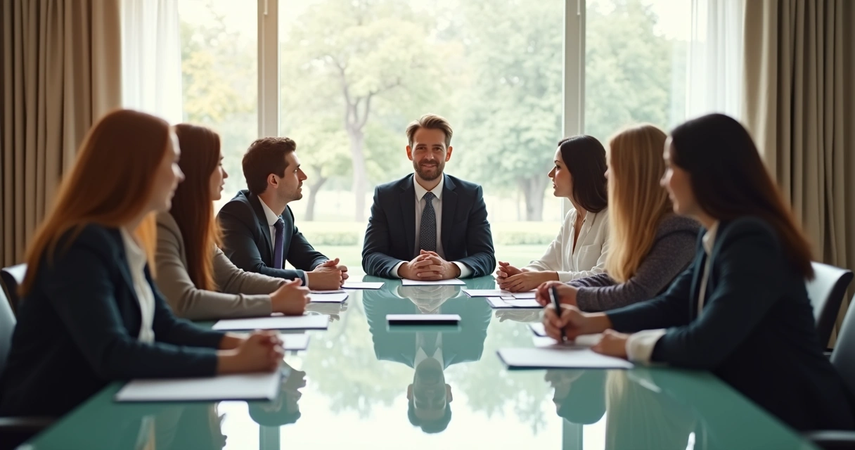 Leader stands in front of group during meeting, team members look attentive. 