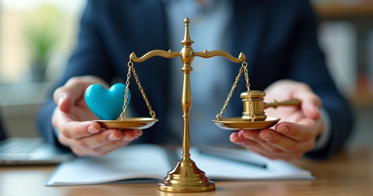 Two hands holding balanced scale with empathy and authority symbols 