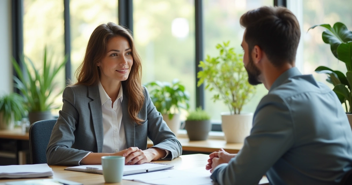 Manager having a focused, open conversation with a colleague in a modern office. 