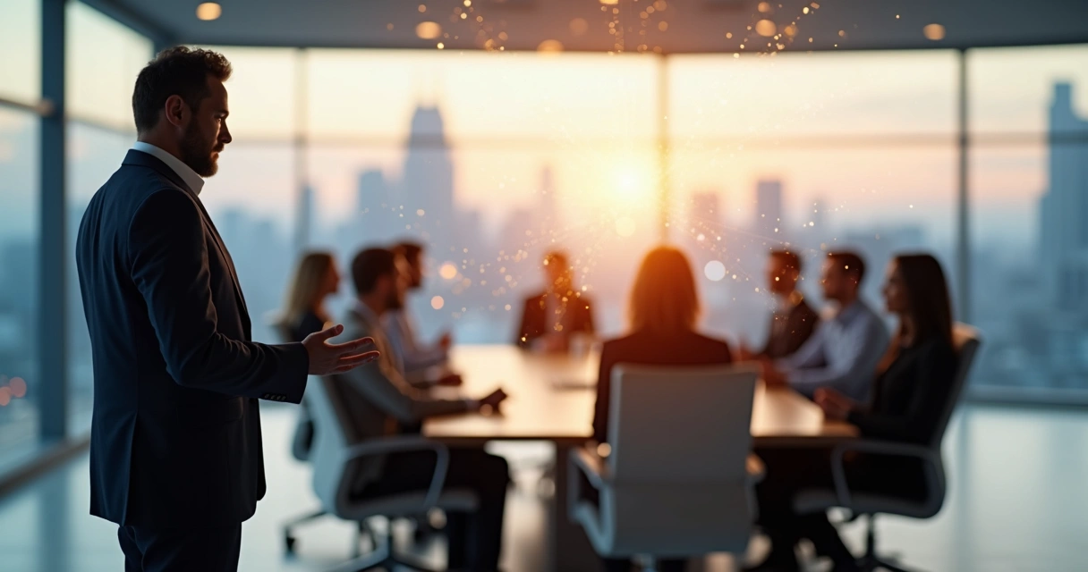 Leader standing in front of a team with an invisible energy field connecting everyone 