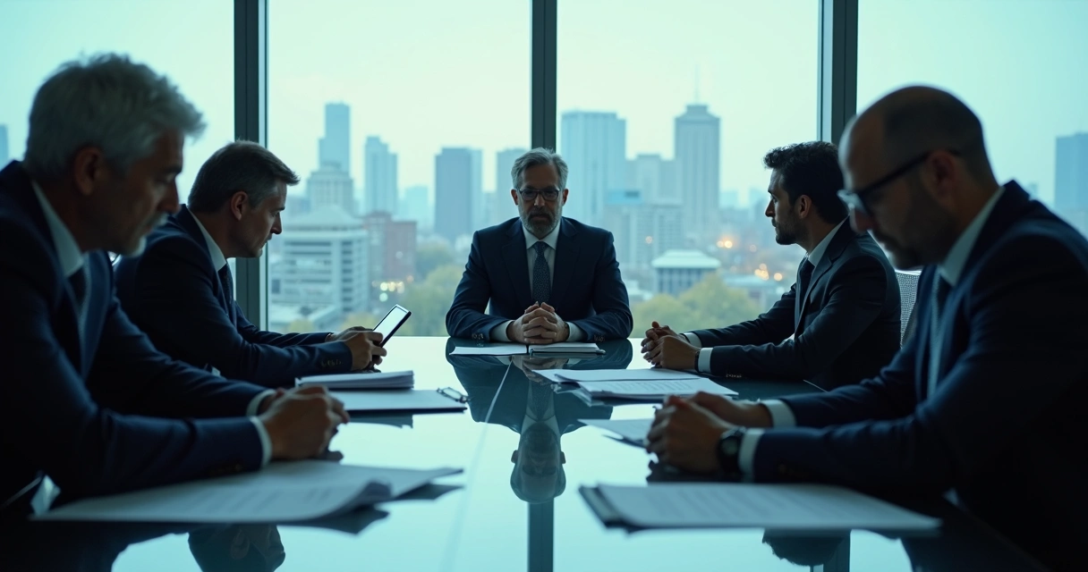 Leaders in a meeting with tense atmosphere due to ethical conflict