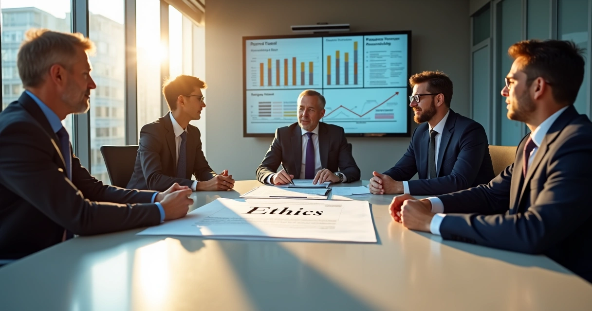 Executives sit around a table in discussion, a document labeled 'Ethics' in the center 