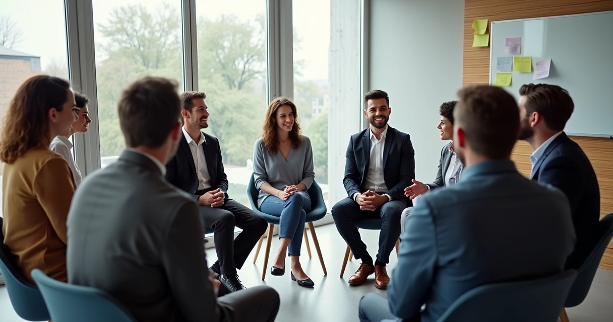 Leaders and team members in a circle discussing feedback 