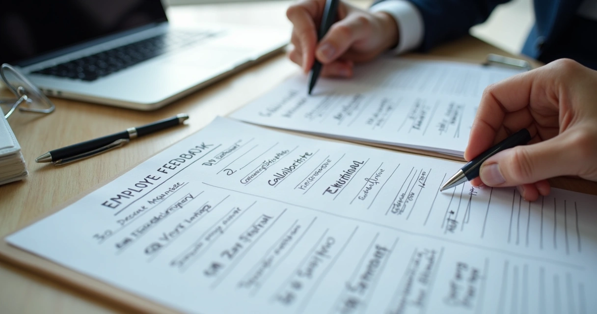 Manager reviewing employee feedback notes with contrasting labels