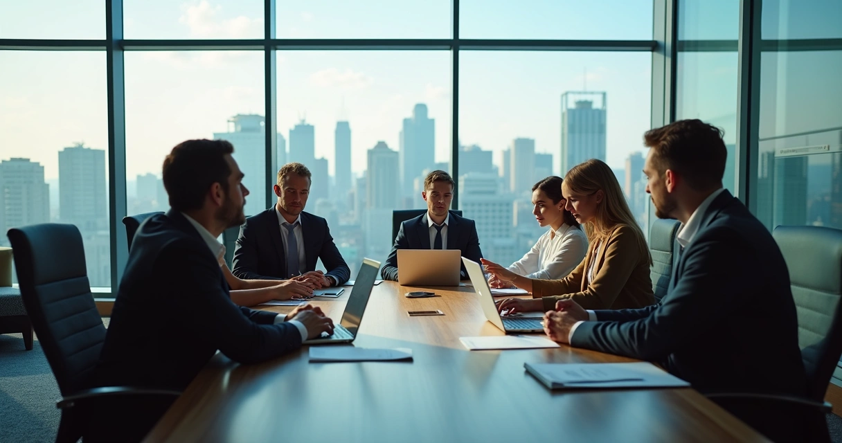 Business people in a boardroom discussing around a table