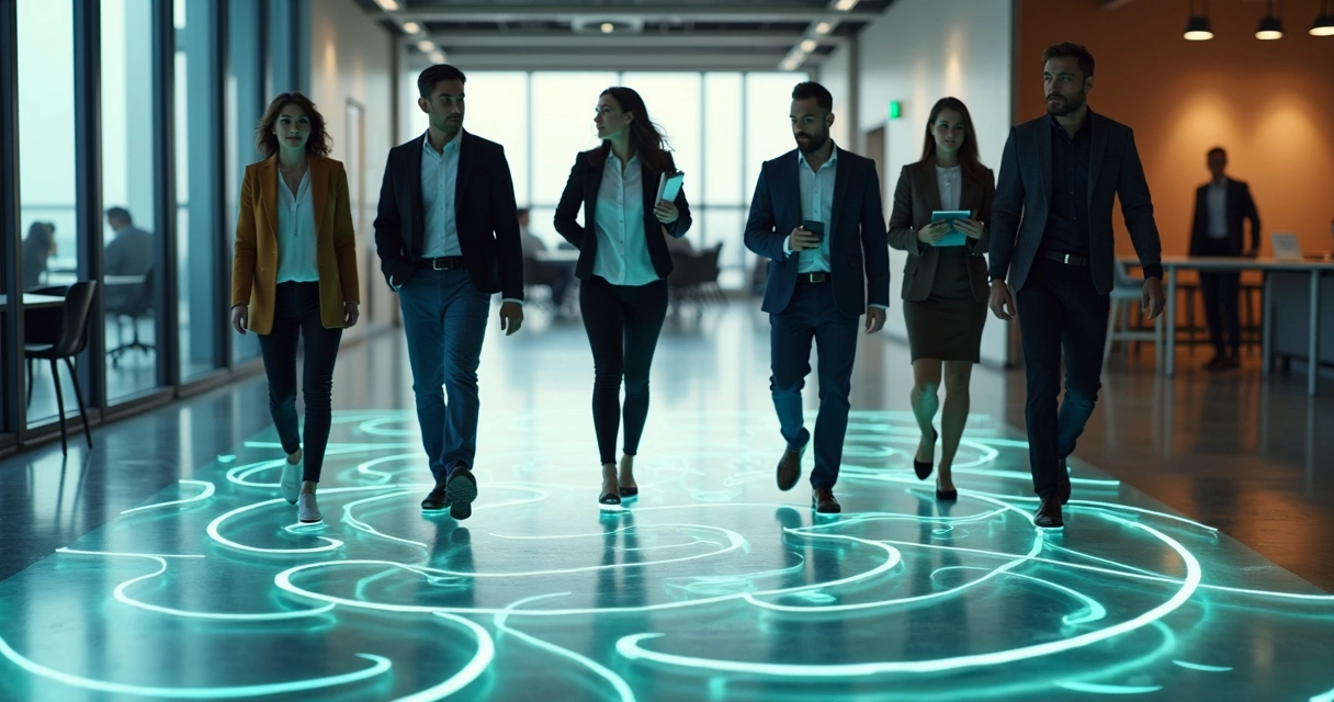 Leaders walking through a translucent labyrinth projected on office floor 