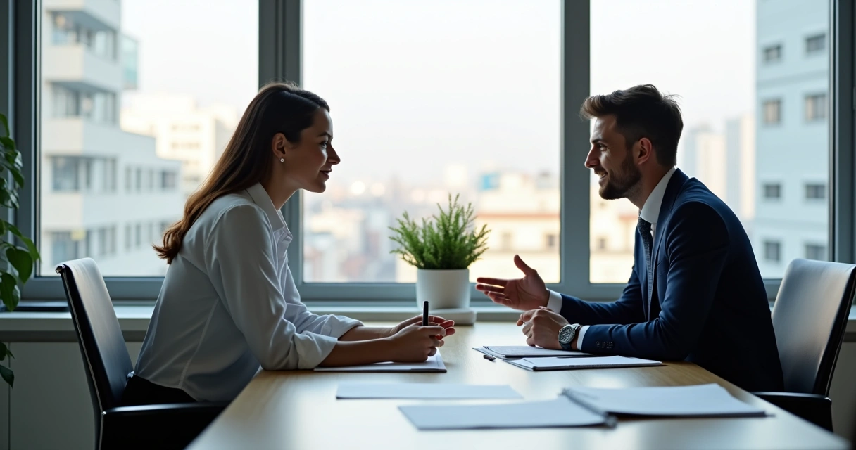 Manager having a one-on-one guidance talk with employee in bright office