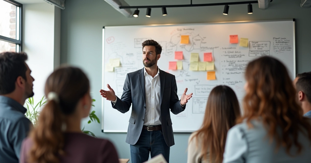 Team leader guiding group through change with supportive gestures 