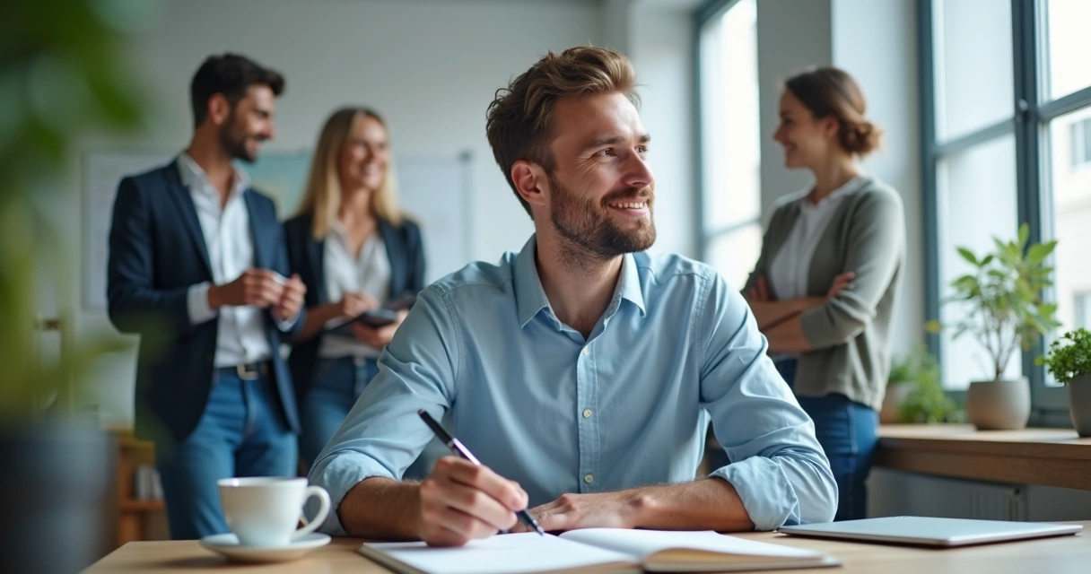 Team leader in office using journal to reflect while colleagues chat nearby