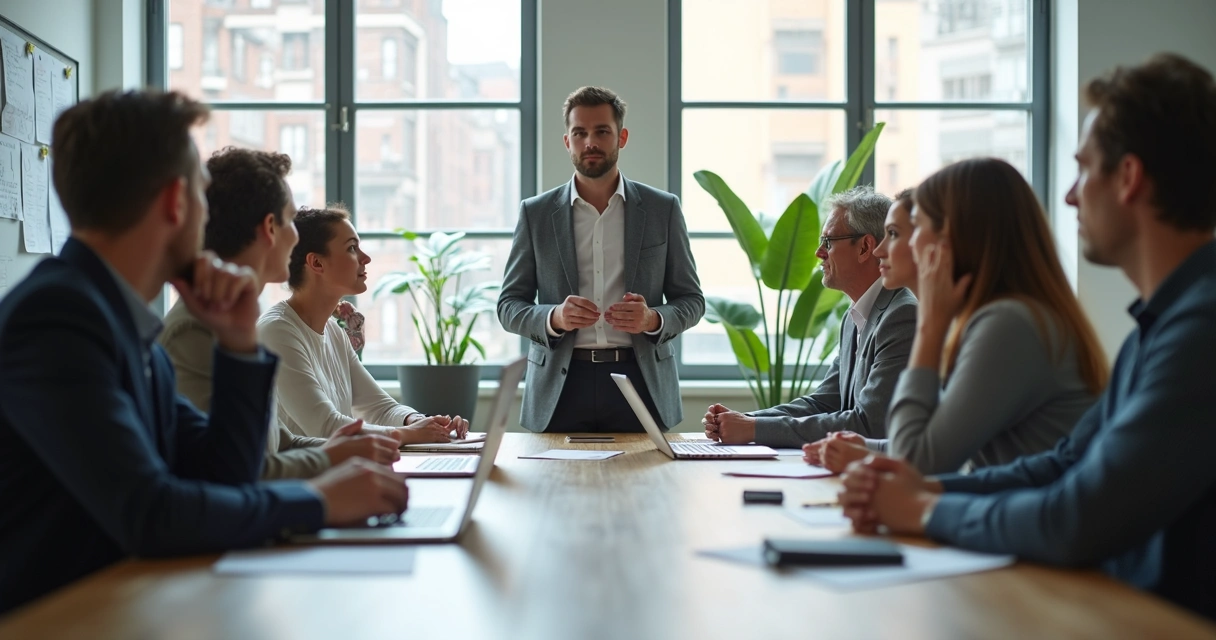 Manager sitting at a conference table, team members visibly disengaged 