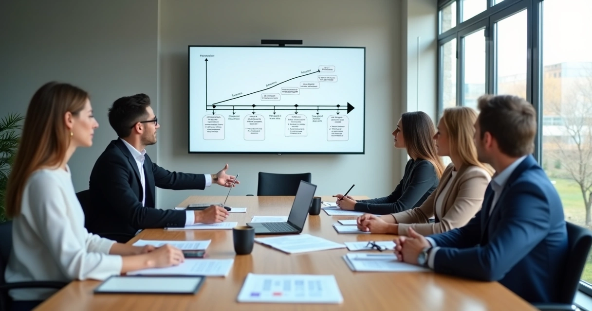 Team reviewing a leadership transition plan in a meeting room 