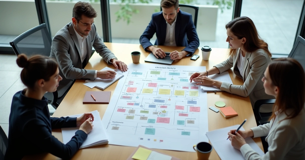 Leadership team reviewing a handover map in a meeting room