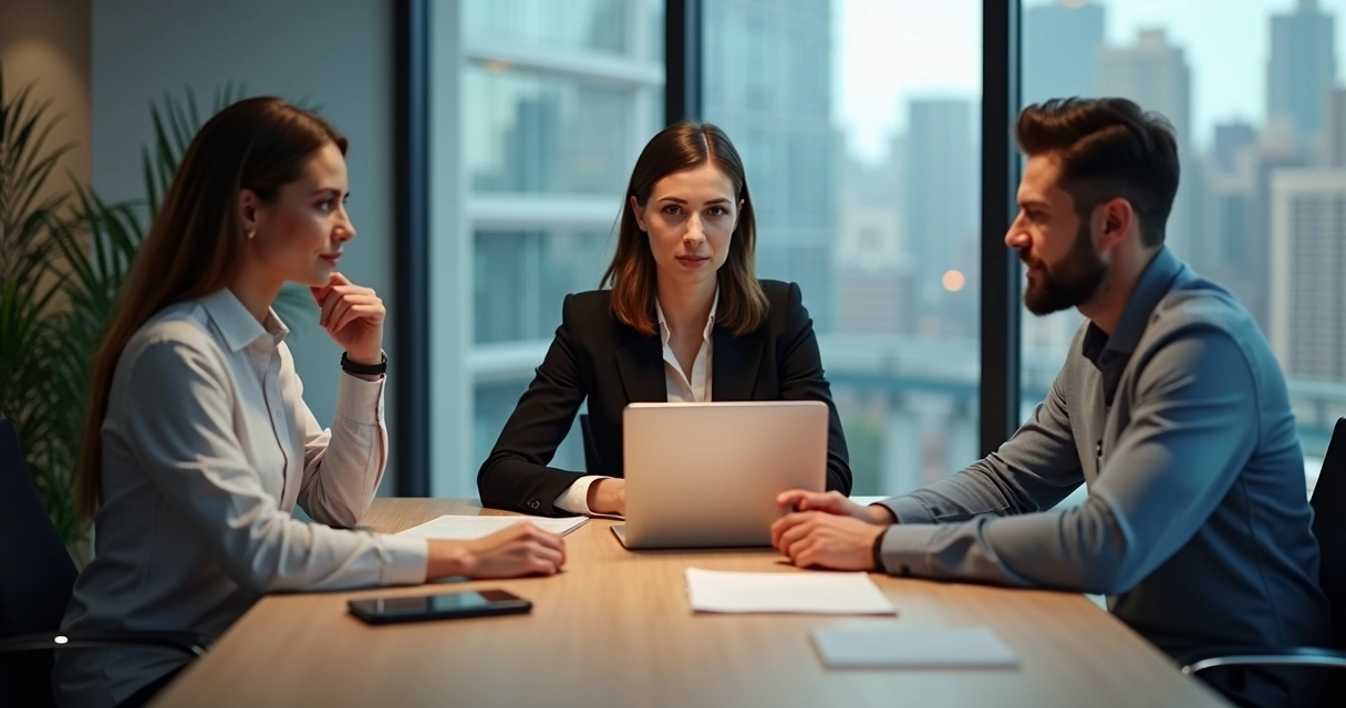 Colleagues having an open conversation at a meeting table, notes and digital devices visible in modern office space