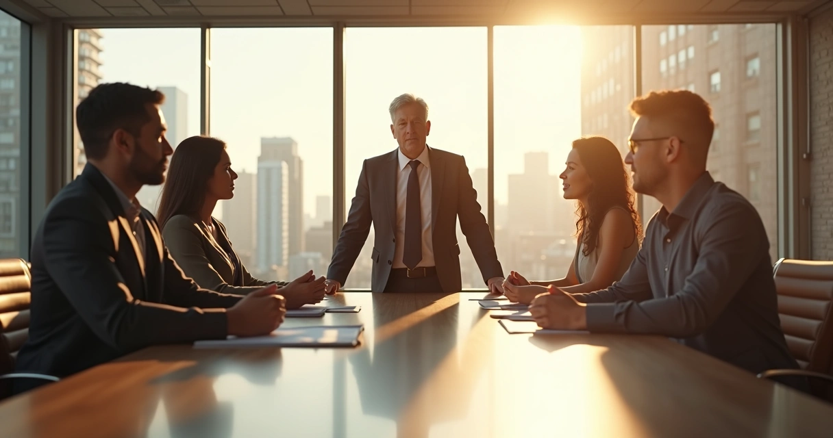 Diverse team around conference table, leader focused, supportive atmosphere