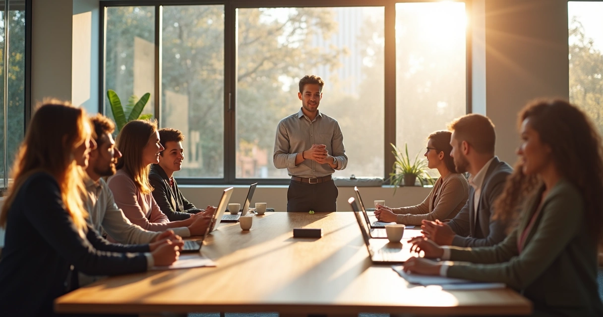 Team listening to leader sharing ideas in modern office