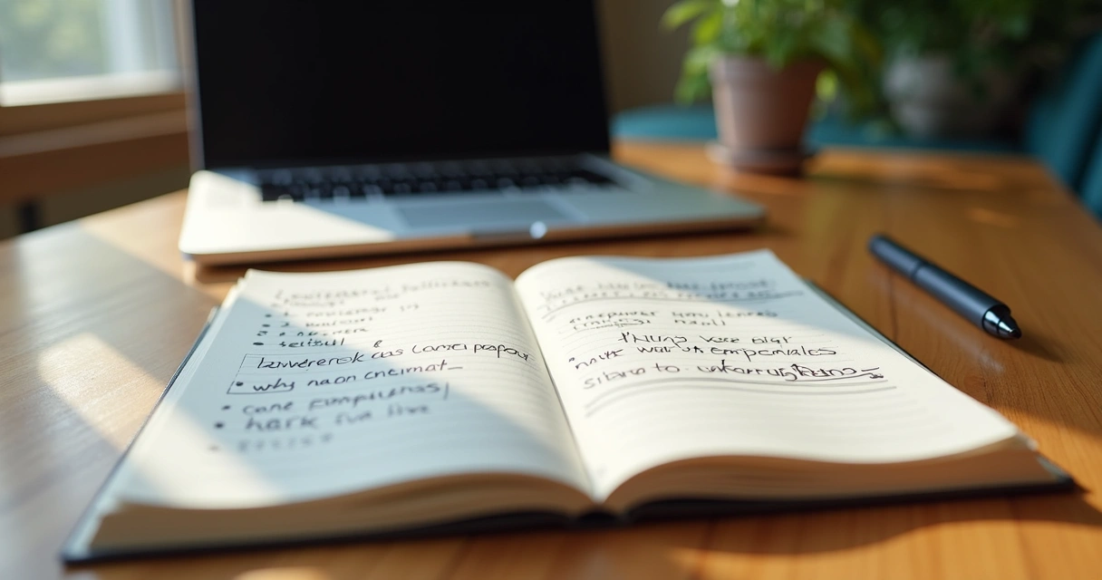 Notebook with leadership reflections next to laptop and pen 
