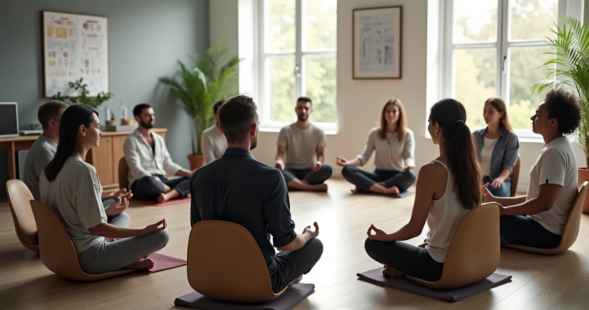 Team of diverse professionals practicing meditation sitting in an office circle 