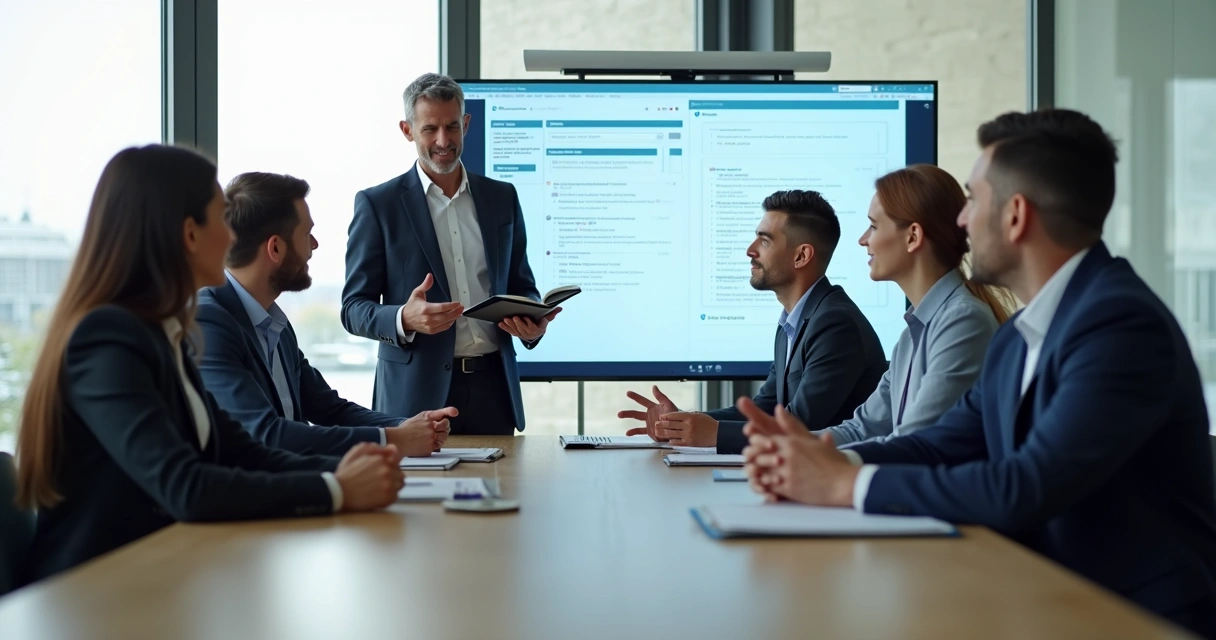 A diverse team sitting around a conference table, listening attentively to a leader who is calmly speaking, showing notes and a clear, consistent agenda on a wall-mounted display.