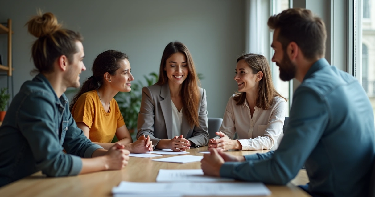 Leader holding open discussion with diverse team in office 