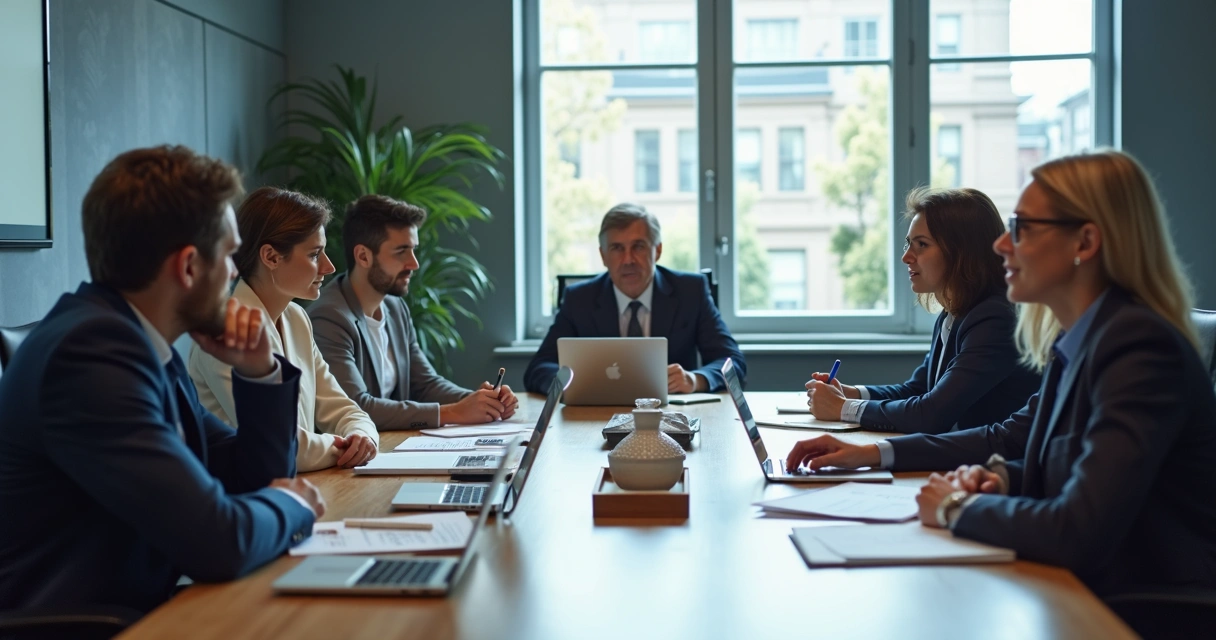 Senior leadership team in a boardroom discussion with shared participation 
