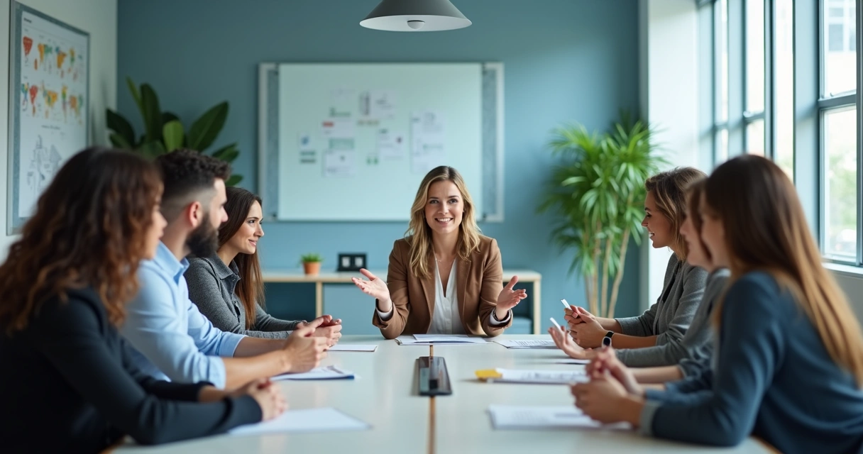 Team sitting around a table with leader openly sharing emotions during a meeting