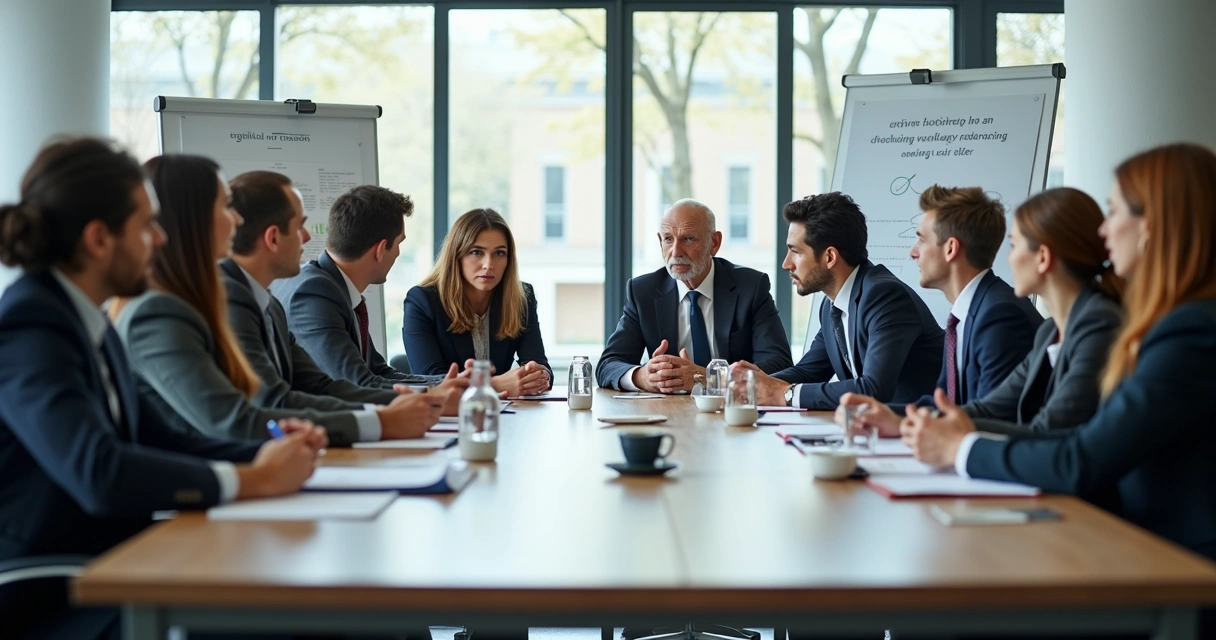 Diverse leadership team holding a discussion in a bright meeting room