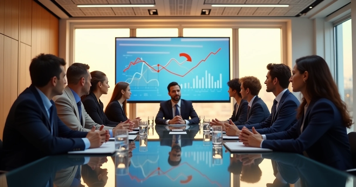 Executives discussing management strategies in a bright boardroom 