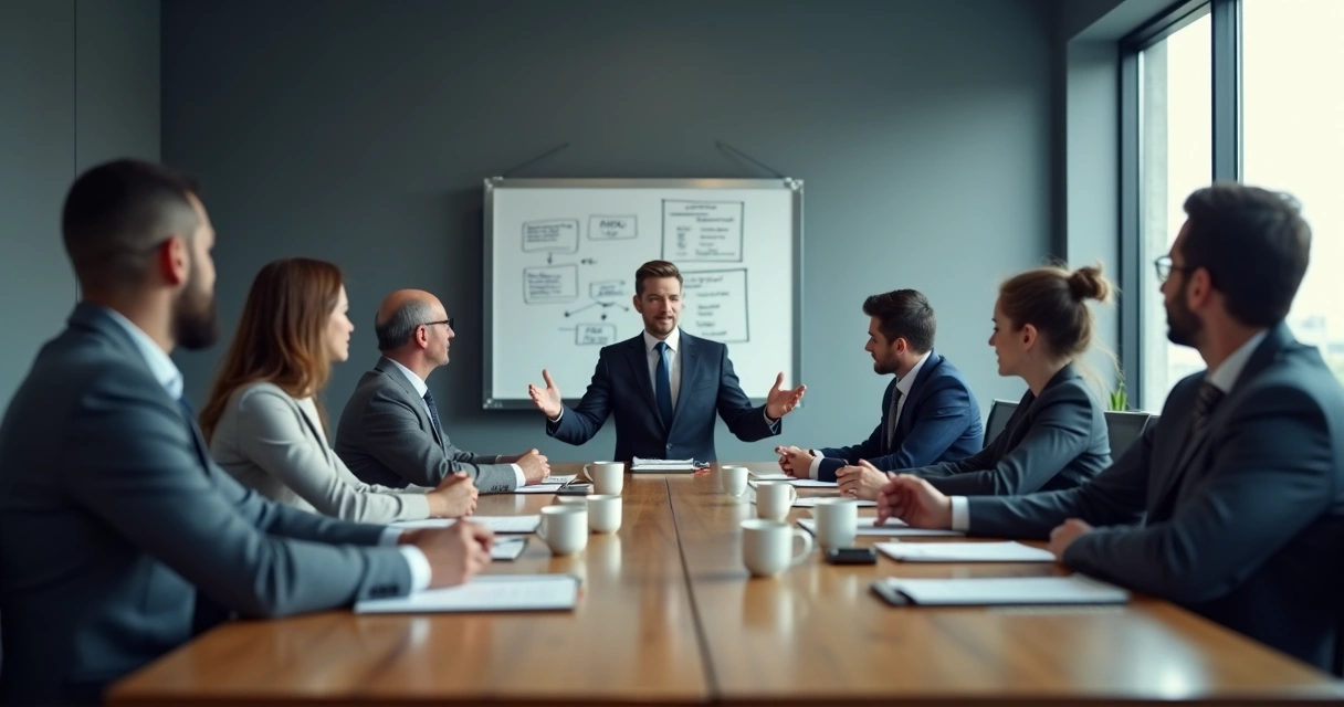 Team sitting quietly in a meeting room while one leader speaks